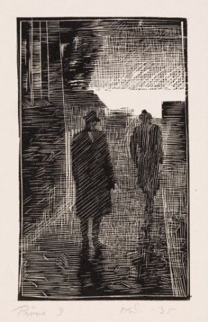  "Johannes og huslæreren" by Håkon Stenstadvold, a black and white woodcut on paper depicting two figures walking side by side into a darker area, with expressive etched lines creating a texturized urban backdrop.
