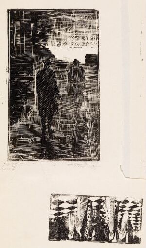 A fine art woodcut print titled "Johannes og huslæreren" by Håkon Stenstadvold, featuring two panels on paper. The top portion depicts a high-contrast scene of two dark figures walking along a tree-lined path with light emanating from the ground. The bottom panel shows abstract dark shapes on a light background, reminiscent of fragmented trees or shadows. The print exhibits a bold, textured style with visible carving marks.
