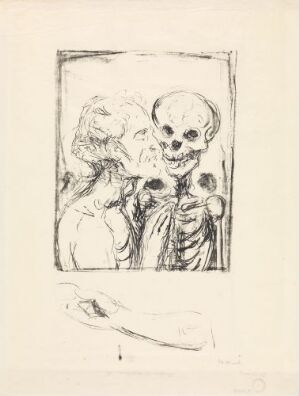  "Dance of Death" by Edvard Munch, a monochromatic lithograph of a skeletal figure embracing a human, rendered in shades of black, gray, and white, capturing a haunting dance that symbolizes the interaction between life and death.