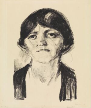  Black and white lithograph titled "Woman's Portrait" by Edvard Munch depicting the solemn, thoughtful face of a woman with her dark hair framing her face, against a pale cream background.