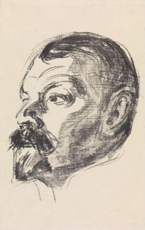  Lithograph by Edvard Munch titled "Jens Thiis," portraying a man in profile with expressive black and gray strokes on medium-thick wove paper, capturing a contemplative expression.