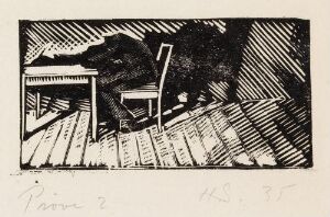  Black and white woodcut print by Håkon Stenstadvold titled "Johannes," featuring abstract geometric shapes suggestive of a structure with chaotic elements such as disarrayed panels and an object resembling part of a chair or window frame, creating a sense of depth through the interplay of light and shadow.