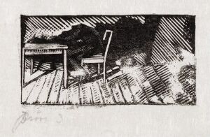  "Johannes" by Håkon Stenstadvold, a black and white drypoint representation on paper featuring a solitary chair and a patterned background of hatched lines, creating a play of light and shadow suggesting an interior space.