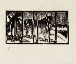  A black and white woodcut print titled "Mølleren kjører løytnantens lik ned til dampskipet" by Håkon Stenstadvold, depicting a series of four panels with a horse-drawn cart in the leftmost panel, abstract shapes in the middle, and a body of water in the rightmost panel, conveying a somber narrative.