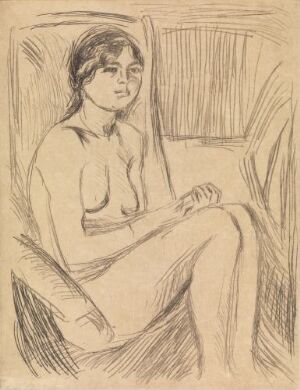  "Céline Nude" by Edvard Munch, a monochromatic etching depicting a thoughtful nude woman sitting on a high-backed chair, with soft and dynamic lines suggesting her form and the minimal interior around her on warm tan paper.