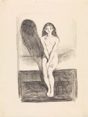  "Puberty" by Edvard Munch, a lithograph depicting a naked young girl sitting on the edge of a bed, with her arms clasping her legs to her chest and a large, ominous shadow cast behind her on the wall. The image features a monochromatic palette with varied textural linework, conveying a mood of vulnerability and contemplation.