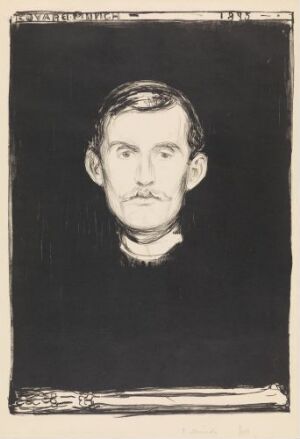  Lithograph on paper titled "Self-Portrait" by M. W. Lassally, displaying a high-contrast, black and white image of a man's solemn face with prominent mustache and introspective gaze, framed within a dark background and white border.