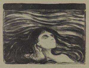  A monochromatic lithograph by Edvard Munch titled "On the Waves of Love" depicting a person's head and upper chest gracefully emerging from stylized, rhythmic waves, with the subject's eyes closed and face turned upwards, rendering a sense of tranquility amidst the dynamic movement of the water.