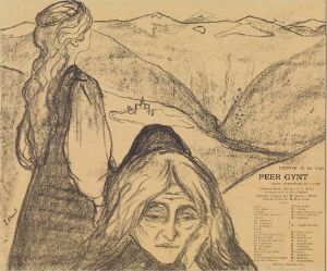  Sepia-toned lithograph by Edvard Munch titled "Theatre Programme: Peer Gynt" featuring a mournful old woman with her head in her hands in the foreground and a younger woman looking into the distance behind her, set against a minimalistic background of rolling hills or mountains, with text detailing the play's programme information in the bottom right corner.