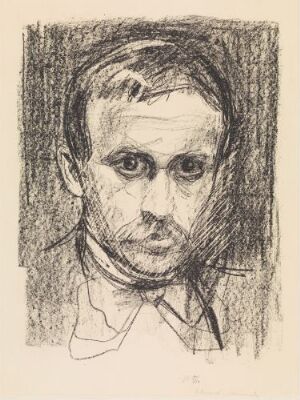  "Sigbjørn Obstfelder I" by Edvard Munch, a lithograph on paper depicting a monochromatic portrait of a man with an intense gaze and expressive facial features rendered in scribble-like lines against a lightly sketched background.