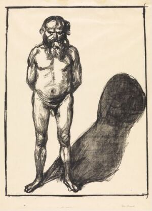  "Male Nude" lithograph by Edvard Munch, featuring a full-frontal nude male figure standing with legs apart, one foot forward, and casting a shadow to the right on an off-white paper background, executed in an expressionist style using blacks and grays.