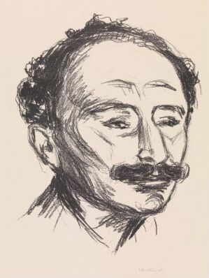  "Goldstein Seen Three-Quarter Frontally," a lithograph on thick wove paper by Edvard Munch, featuring a sketched portrait of a man with a mustache looking to the right in monochromatic shades of brown.