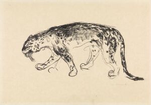  "Stalking Panther" by Edvard Munch, a lithograph on paper depicting a detailed and textured black ink rendering of a panther in mid-stride on a beige background, conveying motion and predatory focus.