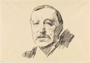  "Torvald Stang II" by Edvard Munch, a monochromatic lithograph on paper featuring a stern-faced man with a contemplative gaze, rendered in expressive, bold strokes on a warm, light-colored background.