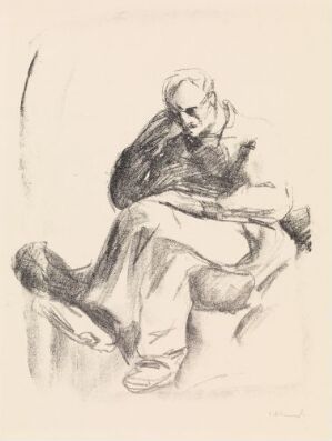  "Seated Man" - A lithograph on paper by Edvard Munch, depicting a contemplative man sitting with crossed legs and arms, using various shades of black and gray to create texture and volume.