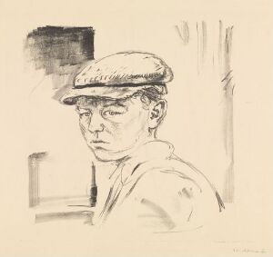  "Jarl" lithograph on paper by Edvard Munch, featuring a monochromatic portrait of a young man in a flat cap, looking directly at the viewer with an intense gaze, set against an unfocused, lightly shaded background.