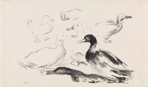  "Ducks" - a monochromatic lithograph on paper by Edvard Munch, depicting a central duck in detailed dark strokes with several less defined ducks sketched in the background.