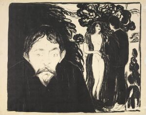  "Jealousy II" by Edvard Munch is a litograph on thick wove paper, depicting an intense scene with a dark-clad man staring out in jealousy at a woman in white who is standing close to another man, with shadowy figures in the background, echoing themes of love and rivalry.