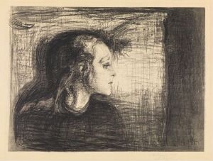  "The Sick Child I" by Edvard Munch is a lithograph on wove paper, medium thick, showcasing a poignant image of a child in profile with a somber expression, done in expressive strokes in shades of black, gray, and white, conveying a powerful emotional depth.