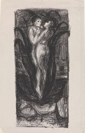  A black and white lithograph titled "The Flower of Love" by Edvard Munch, depicting an intimate embrace between two figures enveloped by a large, leaf-like form, captured in rich shades of grey and deep black contours expressing emotional depth.