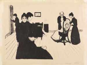  Lithograph "Death in the Sickroom" by Edvard Munch, showing a monochromatic scene with mournful figures in dark attire. A figure in the foreground is seated and bent over in grief, while several others stand or sit around a bed, suggesting a collective mourning. The sparse room contains minimal furniture, and the artwork is characterized by a somber color