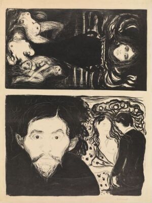  "The Urn; Jealousy I" by Edvard Munch, a diptych lithograph on wove paper featuring two distinct black and white images. The top panel portrays a reclining woman and a brooding figure behind her; the bottom panel shows a bearded man with a wide-eyed stare beside a softer-looking female figure, all encapsulated within dark lines against varying shades of gray that convey a sense of emotional drama and tension.