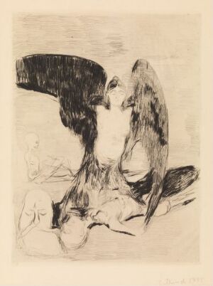  "Harpy" by Edvard Munch, a drypoint depiction of a mythical creature with a woman's face and bird-like wings and body, rendered in expressive black lines on cream-colored paper.