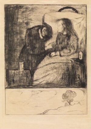  "The Sick Child" by Edvard Munch is an emotive etching on paper showcasing a pallid child lying in bed, with a woman, likely her mother, bending over her in an attitude of despair. The somber color scheme accentuates the melancholy of the scene, with dark shading surrounding the figures, highlighting their intense emotional moment.