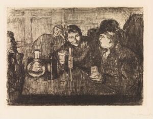  "Kristiania Bohemians I" by Edvard Munch, an etching and drypoint on paper depicting a moody, dimly-lit scene of a group of people around a table, engaged in conversation. Dominated by sepia, brown, and dark gray tones, the image conveys a sense of the bohemian lifestyle with rough, textured lines and an intimate, animated gathering.