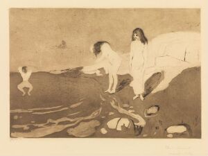  "Women Bathing" by Edvard Munch, a fine art print featuring three women in sepia tones on paper, with one standing and reaching towards water, another crouching by the water's edge, and a third partially submerged in the background, all set against a simple backdrop that suggests a natural setting.