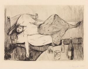  Monochrome print titled "The Day After" by Edvard Munch, depicting a figure lying disheveled on a bed, with an empty bottle and a glass on a table behind, evoking a sense of weariness or the aftermath of indulgence.