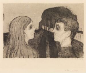  "Attraction II" by Edvard Munch, an etching on paper showing two stylized faces close together in a sepia tone, with one face looking directly at the other, which is gazing back with intensity. The artwork has a subdued palette and conveys a strong emotional connection between the figures through expressive lines and shading.