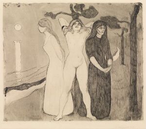  "The Woman II" by Edvard Munch, a fine art print depicting three female figures, with a central nude figure flanked by one in white and another in black, against a minimal landscape with slender trees and a pale moon. The artwork contains muted earth tones and conveys a contemplative and ethereal mood.