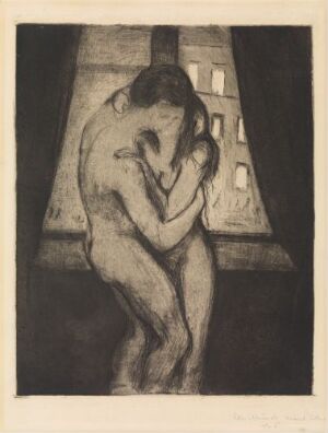  "The Kiss" by Edvard Munch, a black and white expressionistic etching on paper portraying two figures in a tight embrace, kissing, with a stylized indistinct background suggesting a night scene with illuminated windows.