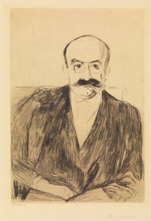  "Dr. Max Asch" by Edvard Munch, a drypoint portrait on paper showing a bald man with a distinct mustache, wearing a textured coat, with a contemplative expression.