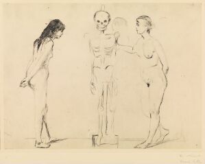  "The Women and the Skeleton" by Edvard Munch, a drypoint on paper artwork showing two women and a skeleton, one woman bent slightly forward towards the skeleton, and the other standing in a relaxed posture to the right, with soft lines creating a light and ethereal effect.