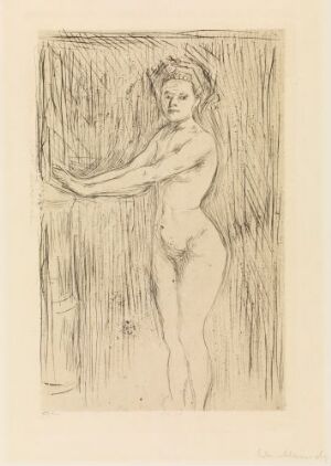  "Model Warming Her Hands," a fine art etching by Edvard Munch on paper, depicting a nude female model standing with her back against a wall, her hands raised in front of her as if warming them. The artwork is monochromatic, with expressive lines and a textural quality that suggests a candid and personal moment.