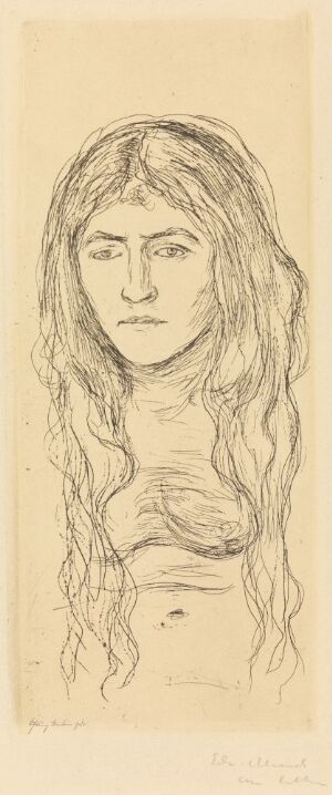  "Woman with Long Hair" by Edvard Munch is a monochromatic etching on paper of a contemplative woman gazing directly at the viewer, characterized by her flowing, wavy hair and minimalistic attire, executed with expressive lines conveying texture and emotion.