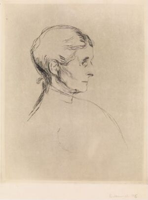 "Ragnhild Heiberg" by Edvard Munch, a monochromatic drypoint print on paper displaying a profile view of a woman with her hair tied back, etched with delicate and expressive lines against a light background.