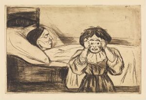 
 "The Dead Mother and Her Child" by Edvard Munch, a monochrome etching depicting a lifeless woman lying on a bed to the left and a distraught child standing to the right with hands on cheeks, embodying a scene of death and emotional anguish.