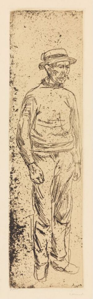  Etching on paper titled "Worker" by Edvard Munch, depicting a standing male figure in work clothes with a cap, hands clasped in front, rendered in sepia tones with sketch-like details against a lightly textured background.