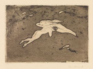  "Encounter in Space" by Edvard Munch. A monochromatic etching on paper featuring a sepia-tone humanoid figure floating with elongated limbs in a textured space resembling stars or cosmic debris, creating a sense of weightlessness and depth.