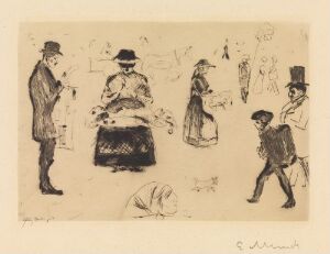  A historical print by Edvard Munch titled "Square in Berlin. Potsdamer Platz," featuring an impressionistic black and white scene with a seated woman at its center surrounded by various figures, including men in suits and a woman with a parasol, all executed with sketch-like lines on cream-colored paper.