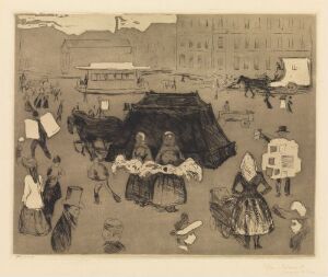  "The Hearse" by Edvard Munch, an etching on paper portraying a scene with a dark horse-drawn hearse in a busy city square filled with people, rendered in sepia tones and fine detailed lines.