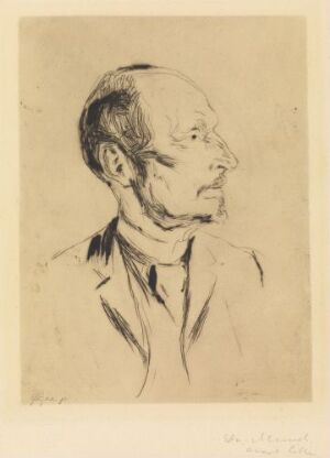  "Albert Kollmann," a sepia-toned drypoint etching on paper by Edvard Munch, depicting the detailed profile of a contemplative, balding man with furrowed brows, a straight nose, and a high-collared jacket.