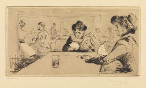  "Hopfenblüte" by Edvard Munch, a fine art print depicting several women sitting at a long table, working with plant material, possibly hops, with a glass on the table, executed in monochromatic shades with the drypoint technique.