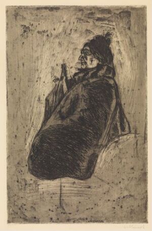  "Old Woman with Umbrella" by Edvard Munch, a monochromatic etching on paper showing an elderly woman in profile holding an umbrella, wrapped in a heavy cloak, rendered with expressive lines and shading that convey a sense of age and introspection.