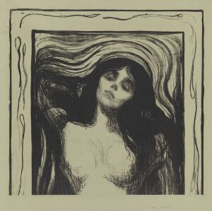  Lithograph titled "Madonna" by Edvard Munch, depicting a monochromatic portrait of a woman with closed eyes and long flowing hair, surrounded by an art nouveau-style border, expressing a serene or contemplative state.