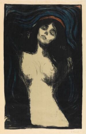  "Madonna" by Edvard Munch, a color lithograph on paper showcasing a stylized figure of the Madonna with glowing skin, shadowed eyes, and flowing dark blue-black hair against a dark background, evoking an ethereal and intimate aura.