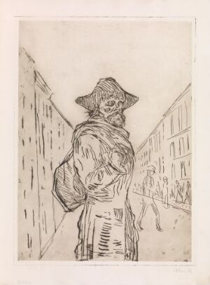  Etching by Edvard Munch titled "The Beggar," featuring a figure in a wide-brimmed hat looking downward, standing in a sparse urban street scene with building facades in the background, rendered in monochromatic black lines on white paper.